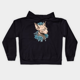 Sphynx Cat Paired with Blue Roses Kids Hoodie